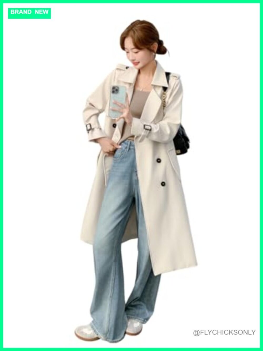 Women's Double Breasted Mid Length Trench Coat with Belt Flap